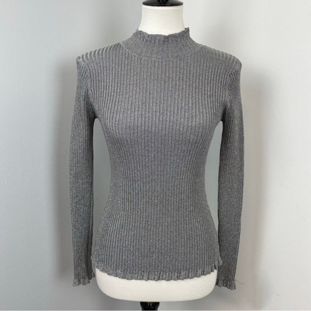 Milly Italian Stardust Ribbed Metallic Silver Pullover Mock Neck Sweater Small